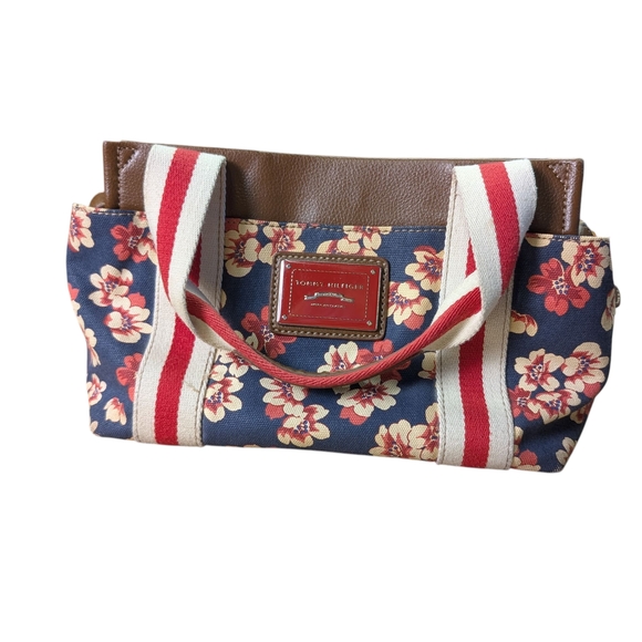 Tommy Hilfiger Floral Canvas Purse Navy Blue Red White Stripes Pockets 90s Vibes - Picture 1 of 13